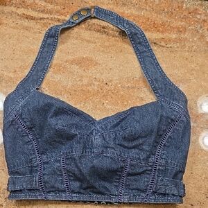 Free People Chic Denim Crop Top with Halter Neck